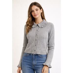Daisy May Gray Ruffle Collar Cardigan Sweater Size L Button Front Soft Knit